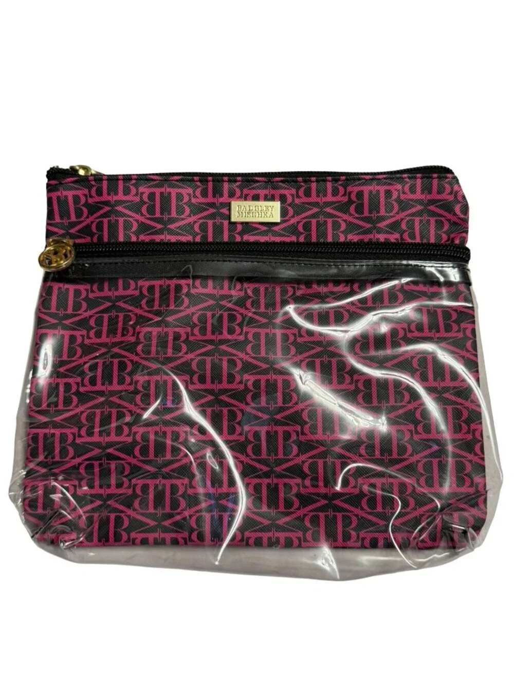Badgley Mischka Pink Black BM Monogram Clear Cosmetic Travel Bag Double Zip 8